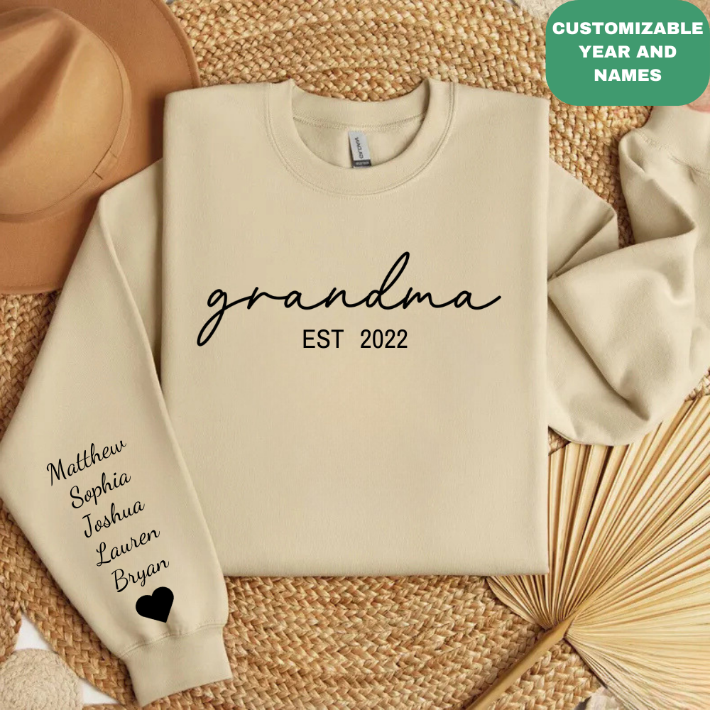 Personalized Grandma Sweatshirt Est Year with Grandkids Names on Sleeve, Christmas Gift, New Grandma Sweater, Mothers Day Gift, Birthday Gift