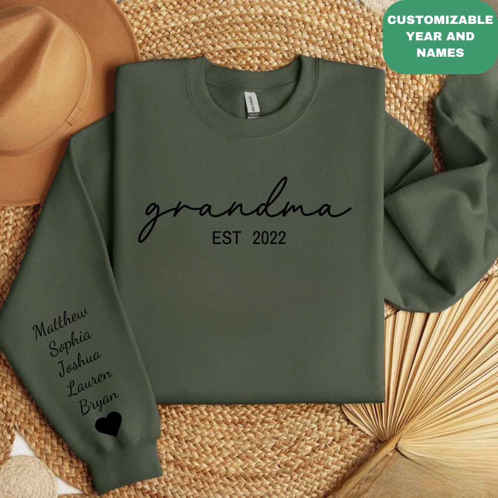 Personalized Grandma Sweatshirt Est Year with Grandkids Names on Sleeve, Christmas Gift, New Grandma Sweater, Mothers Day Gift, Birthday Gift