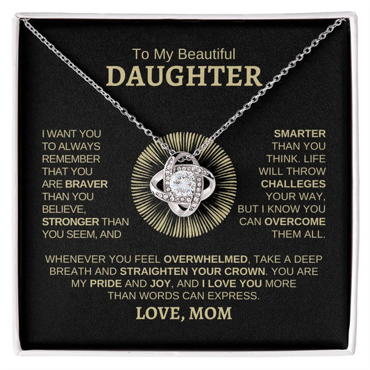 To My Beautiful Daughter, Love Mom Love Knot Necklace | Gold