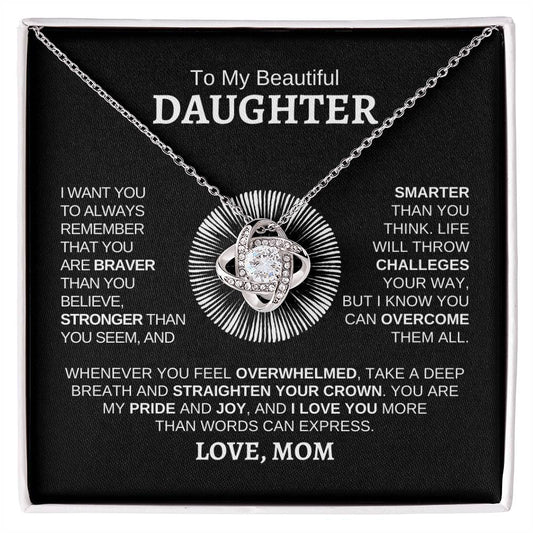 To My Beautiful Daughter, Love Mom Love Knot Necklace | White